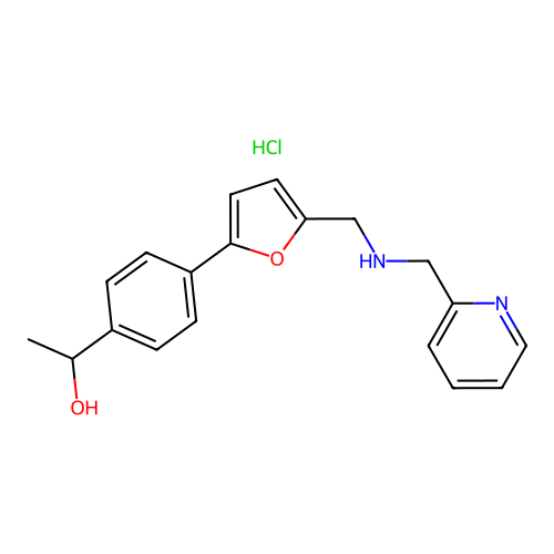 1-(4-(5-(((pyridin-2-ylmethyl)amino)methyl)furan-2-yl)phenyl)ethanol hydrochloride structure