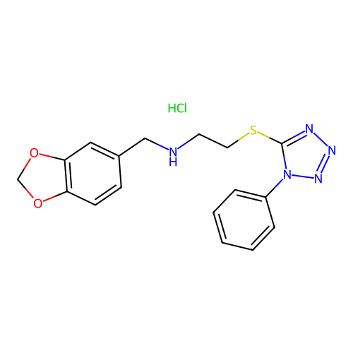 N-(1,3-benzodioxol-5-ylmethyl)-2-(1-phenyltetrazol-5-yl)sulfanylethanamine hydrochloride structure