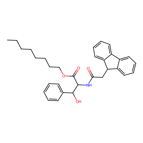 octyl 2-(2-(9H-fluoren-9-yl)acetamido)-3-hydroxy-3-phenylpropanoate structure