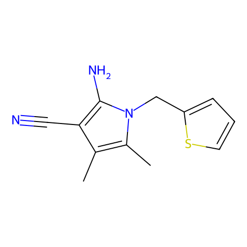 2-amino-4,5-dimethyl-1-(thiophen-2-ylmethyl)-1H-pyrrole-3-carbonitrile structure