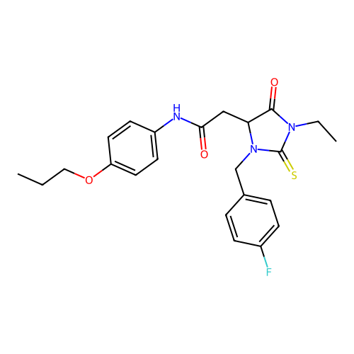2-[1-ethyl-3-(4-fluorobenzyl)-5-oxo-2-thioxoimidazolidin-4-yl]-N-(4-propoxyphenyl)acetamide structure