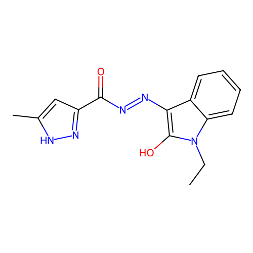N-(1-ethyl-2-hydroxyindol-3-yl)imino-5-methyl-1H-pyrazole-3-carboxamide structure