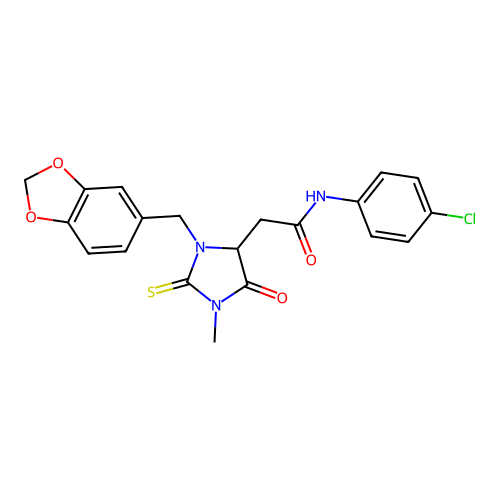 2-[3-(1,3-benzodioxol-5-ylmethyl)-1-methyl-5-oxo-2-thioxoimidazolidin-4-yl]-N-(4-chlorophenyl)acetamide structure
