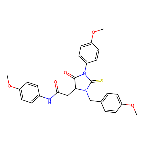 2-[3-(4-methoxybenzyl)-1-(4-methoxyphenyl)-5-oxo-2-thioxoimidazolidin-4-yl]-N-(4-methoxyphenyl)acetamide structure