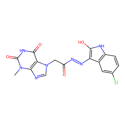 (E)-N'-(5-chloro-2-oxoindolin-3-ylidene)-2-(3-methyl-2,6-dioxo-2,3-dihydro-1H-purin-7(6H)-yl)acetohydrazide structure
