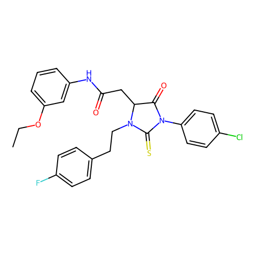 2-[1-(4-chlorophenyl)-3-[2-(4-fluorophenyl)ethyl]-5-oxo-2-sulfanylideneimidazolidin-4-yl]-N-(3-ethoxyphenyl)acetamide structure
