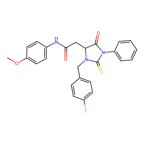 2-[3-(4-fluorobenzyl)-5-oxo-1-phenyl-2-thioxoimidazolidin-4-yl]-N-(4-methoxyphenyl)acetamide structure