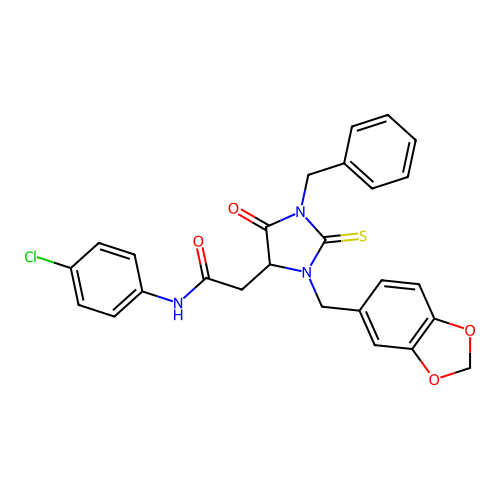 2-[3-(1,3-benzodioxol-5-ylmethyl)-1-benzyl-5-oxo-2-thioxoimidazolidin-4-yl]-N-(4-chlorophenyl)acetamide structure
