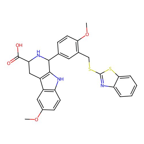 1-(3-((benzo[d]thiazol-2-ylthio)methyl)-4-methoxyphenyl)-6-methoxy-2,3,4,9-tetrahydro-1H-pyrido[3,4-b]indole-3-carboxylic acid structure