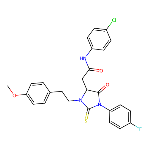 N-(4-chlorophenyl)-2-{1-(4-fluorophenyl)-3-[2-(4-methoxyphenyl)ethyl]-5-oxo-2-thioxoimidazolidin-4-yl}acetamide structure