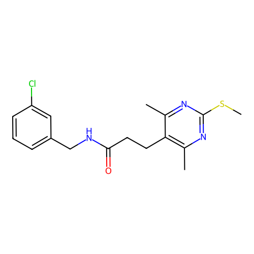 N-[(3-chlorophenyl)methyl]-3-(4,6-dimethyl-2-methylsulfanylpyrimidin-5-yl)propanamide structure