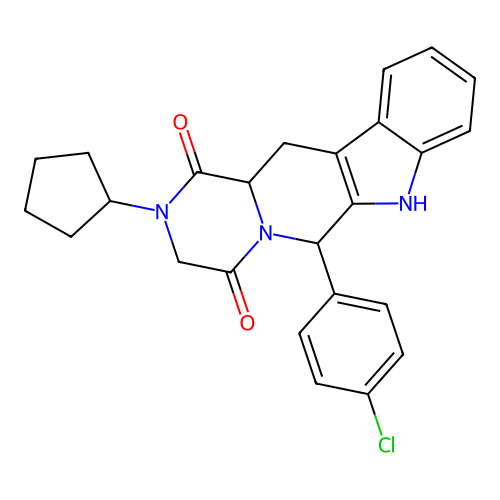 6-(4-chlorophenyl)-2-cyclopentyl-2,3,12,12a-tetrahydropyrazino[1',2':1,6]pyrido[3,4-b]indole-1,4(6H,7H)-dione structure