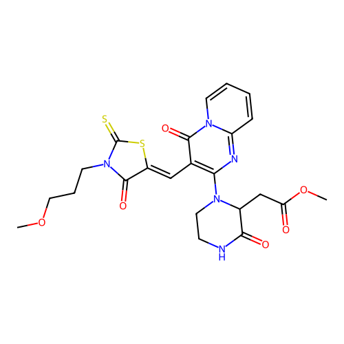 (Z)-methyl 2-(1-(3-((3-(3-methoxypropyl)-4-oxo-2-thioxothiazolidin-5-ylidene)methyl)-4-oxo-4H-pyrido[1,2-a]pyrimidin-2-yl)-3-oxopiperazin-2-yl)acetate structure