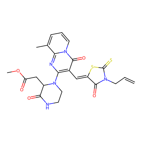 (Z)-methyl 2-(1-(3-((3-allyl-4-oxo-2-thioxothiazolidin-5-ylidene)methyl)-9-methyl-4-oxo-4H-pyrido[1,2-a]pyrimidin-2-yl)-3-oxopiperazin-2-yl)acetate structure