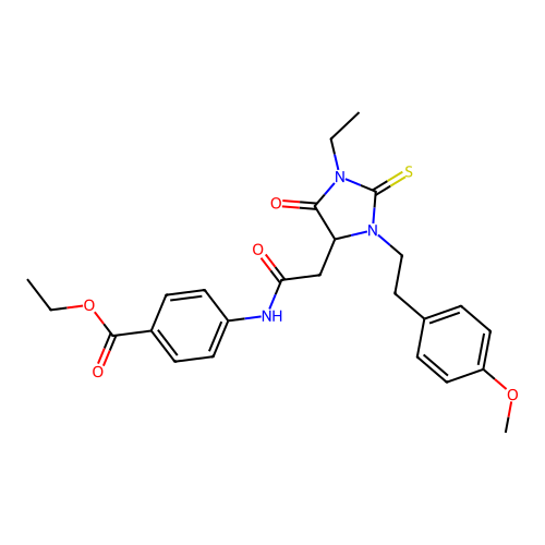 ethyl 4-[({1-ethyl-3-[2-(4-methoxyphenyl)ethyl]-5-oxo-2-thioxoimidazolidin-4-yl}acetyl)amino]benzoate structure