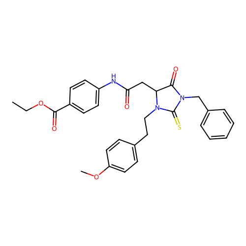 ethyl 4-[({1-benzyl-3-[2-(4-methoxyphenyl)ethyl]-5-oxo-2-thioxoimidazolidin-4-yl}acetyl)amino]benzoate structure
