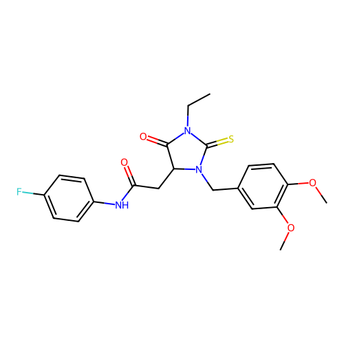 2-[3-(3,4-dimethoxybenzyl)-1-ethyl-5-oxo-2-thioxoimidazolidin-4-yl]-N-(4-fluorophenyl)acetamide structure