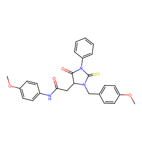2-[3-(4-methoxybenzyl)-5-oxo-1-phenyl-2-thioxoimidazolidin-4-yl]-N-(4-methoxyphenyl)acetamide structure
