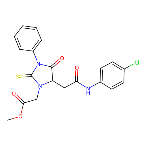 methyl (5-{2-[(4-chlorophenyl)amino]-2-oxoethyl}-4-oxo-3-phenyl-2-thioxoimidazolidin-1-yl)acetate structure