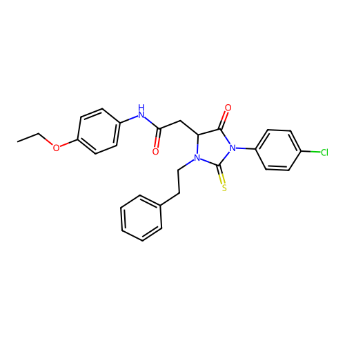 2-[1-(4-chlorophenyl)-5-oxo-3-(2-phenylethyl)-2-thioxoimidazolidin-4-yl]-N-(4-ethoxyphenyl)acetamide structure