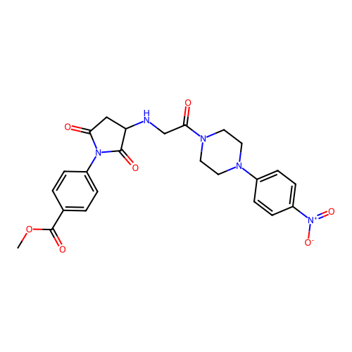 methyl 4-[3-({2-[4-(4-nitrophenyl)piperazin-1-yl]-2-oxoethyl}amino)-2,5-dioxopyrrolidin-1-yl]benzoate structure