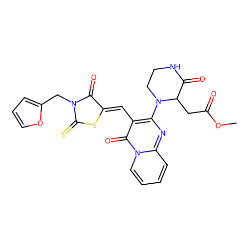 (Z)-methyl 2-(1-(3-((3-(furan-2-ylmethyl)-4-oxo-2-thioxothiazolidin-5-ylidene)methyl)-4-oxo-4H-pyrido[1,2-a]pyrimidin-2-yl)-3-oxopiperazin-2-yl)acetate structure