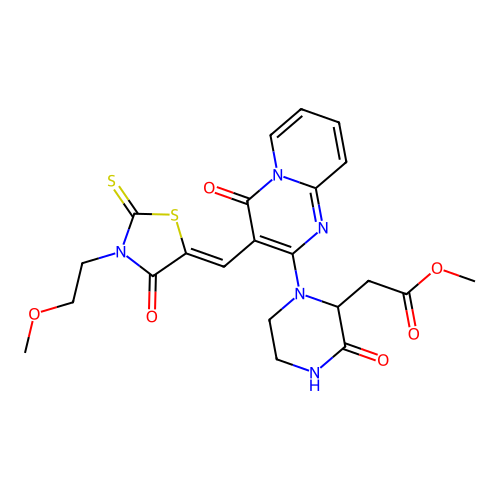 (Z)-methyl 2-(1-(3-((3-(2-methoxyethyl)-4-oxo-2-thioxothiazolidin-5-ylidene)methyl)-4-oxo-4H-pyrido[1,2-a]pyrimidin-2-yl)-3-oxopiperazin-2-yl)acetate structure