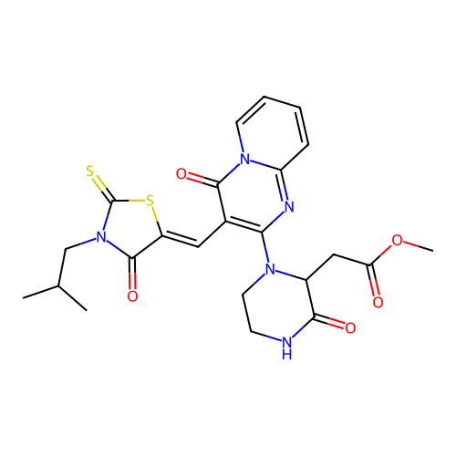 (Z)-methyl 2-(1-(3-((3-isobutyl-4-oxo-2-thioxothiazolidin-5-ylidene)methyl)-4-oxo-4H-pyrido[1,2-a]pyrimidin-2-yl)-3-oxopiperazin-2-yl)acetate structure