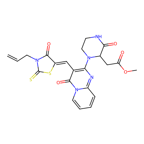 (Z)-methyl 2-(1-(3-((3-allyl-4-oxo-2-thioxothiazolidin-5-ylidene)methyl)-4-oxo-4H-pyrido[1,2-a]pyrimidin-2-yl)-3-oxopiperazin-2-yl)acetate structure
