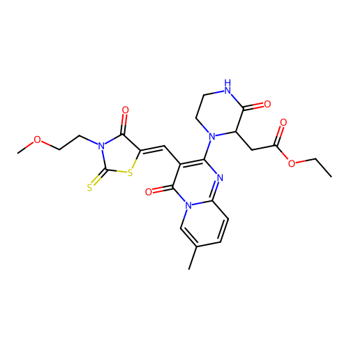 (Z)-ethyl 2-(1-(3-((3-(2-methoxyethyl)-4-oxo-2-thioxothiazolidin-5-ylidene)methyl)-7-methyl-4-oxo-4H-pyrido[1,2-a]pyrimidin-2-yl)-3-oxopiperazin-2-yl)acetate structure