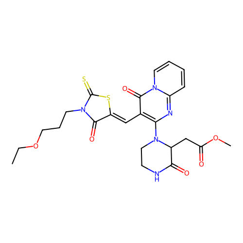 (Z)-methyl 2-(1-(3-((3-(3-ethoxypropyl)-4-oxo-2-thioxothiazolidin-5-ylidene)methyl)-4-oxo-4H-pyrido[1,2-a]pyrimidin-2-yl)-3-oxopiperazin-2-yl)acetate structure