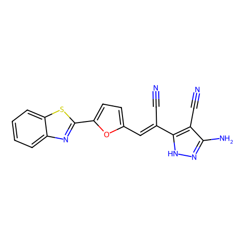 5-amino-3-{(Z)-2-[5-(1,3-benzothiazol-2-yl)furan-2-yl]-1-cyanoethenyl}-1H-pyrazole-4-carbonitrile structure