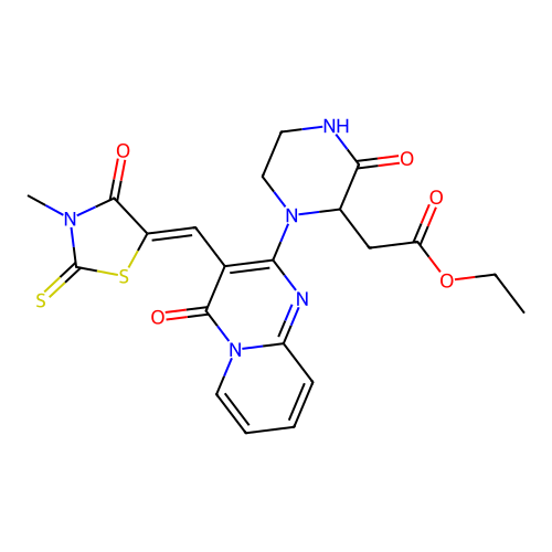 (Z)-ethyl 2-(1-(3-((3-methyl-4-oxo-2-thioxothiazolidin-5-ylidene)methyl)-4-oxo-4H-pyrido[1,2-a]pyrimidin-2-yl)-3-oxopiperazin-2-yl)acetate structure