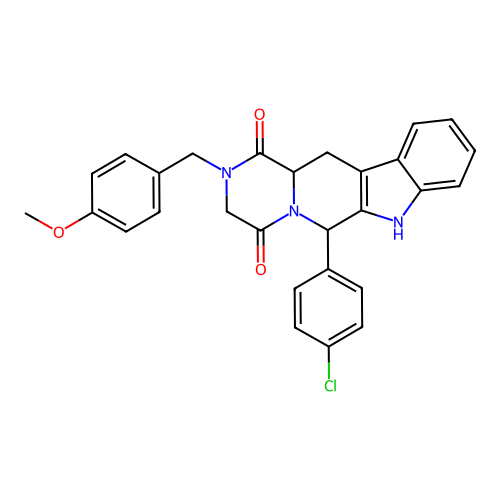 6-(4-chlorophenyl)-2-(4-methoxybenzyl)-2,3,12,12a-tetrahydropyrazino[1',2':1,6]pyrido[3,4-b]indole-1,4(6H,7H)-dione structure