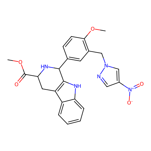 methyl 1-(4-methoxy-3-((4-nitro-1H-pyrazol-1-yl)methyl)phenyl)-2,3,4,9-tetrahydro-1H-pyrido[3,4-b]indole-3-carboxylate structure