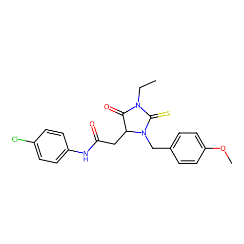 N-(4-chlorophenyl)-2-[1-ethyl-3-(4-methoxybenzyl)-5-oxo-2-thioxoimidazolidin-4-yl]acetamide structure