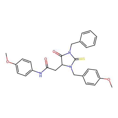 2-[1-benzyl-3-(4-methoxybenzyl)-5-oxo-2-thioxoimidazolidin-4-yl]-N-(4-methoxyphenyl)acetamide structure