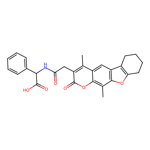 2-(2-(4,11-dimethyl-2-oxo-6,7,8,9-tetrahydro-2H-benzofuro[3,2-g]chromen-3-yl)acetamido)-2-phenylacetic acid structure