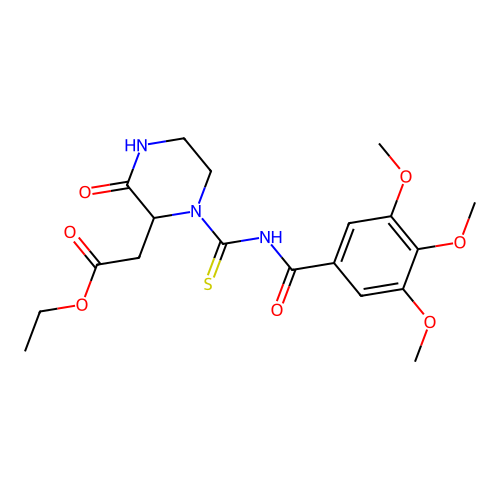 ethyl (3-oxo-1-{[(3,4,5-trimethoxybenzoyl)amino]carbonothioyl}-2-piperazinyl)acetate structure