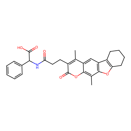 2-(3-(4,11-dimethyl-2-oxo-6,7,8,9-tetrahydro-2H-benzofuro[3,2-g]chromen-3-yl)propanamido)-2-phenylacetic acid structure