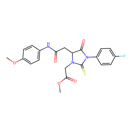 methyl [3-(4-fluorophenyl)-5-{2-[(4-methoxyphenyl)amino]-2-oxoethyl}-4-oxo-2-thioxoimidazolidin-1-yl]acetate structure