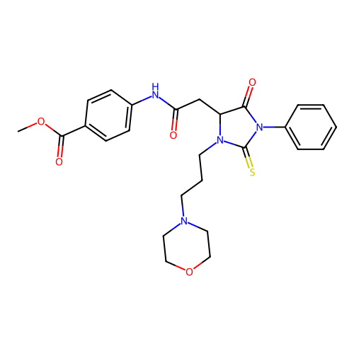 methyl 4-[({3-[3-(morpholin-4-yl)propyl]-5-oxo-1-phenyl-2-thioxoimidazolidin-4-yl}acetyl)amino]benzoate structure