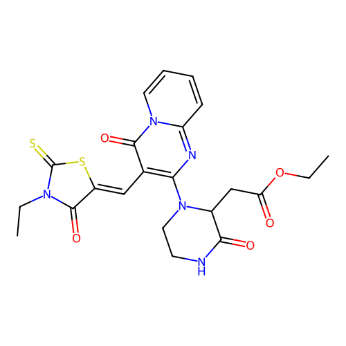 (Z)-ethyl 2-(1-(3-((3-ethyl-4-oxo-2-thioxothiazolidin-5-ylidene)methyl)-4-oxo-4H-pyrido[1,2-a]pyrimidin-2-yl)-3-oxopiperazin-2-yl)acetate structure