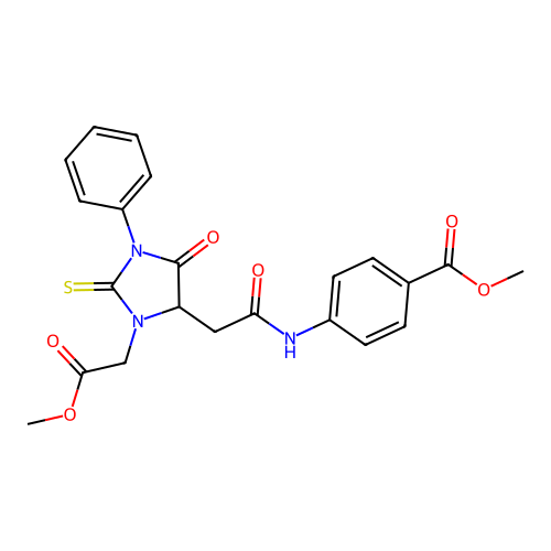 methyl 4-({[3-(2-methoxy-2-oxoethyl)-5-oxo-1-phenyl-2-thioxoimidazolidin-4-yl]acetyl}amino)benzoate structure