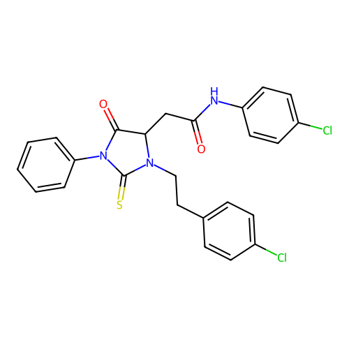 N-(4-chlorophenyl)-2-{3-[2-(4-chlorophenyl)ethyl]-5-oxo-1-phenyl-2-thioxoimidazolidin-4-yl}acetamide structure