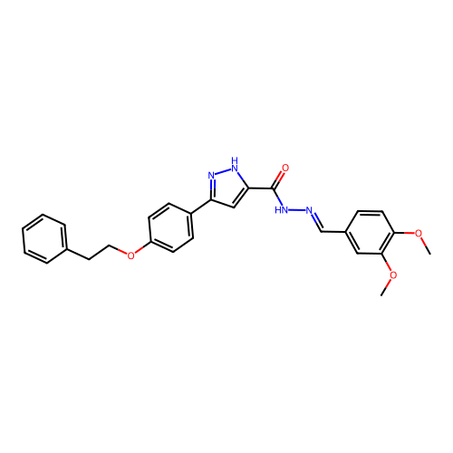 (E)-N'-(3,4-dimethoxybenzylidene)-3-(4-phenethoxyphenyl)-1H-pyrazole-5-carbohydrazide structure