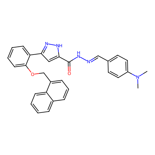 (E)-N'-(4-(dimethylamino)benzylidene)-3-(2-(naphthalen-1-ylmethoxy)phenyl)-1H-pyrazole-5-carbohydrazide structure