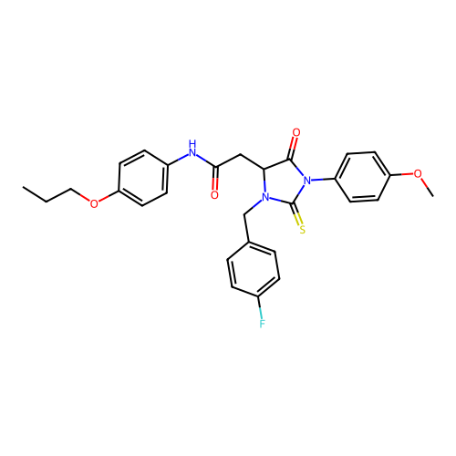 2-[3-(4-fluorobenzyl)-1-(4-methoxyphenyl)-5-oxo-2-thioxoimidazolidin-4-yl]-N-(4-propoxyphenyl)acetamide structure