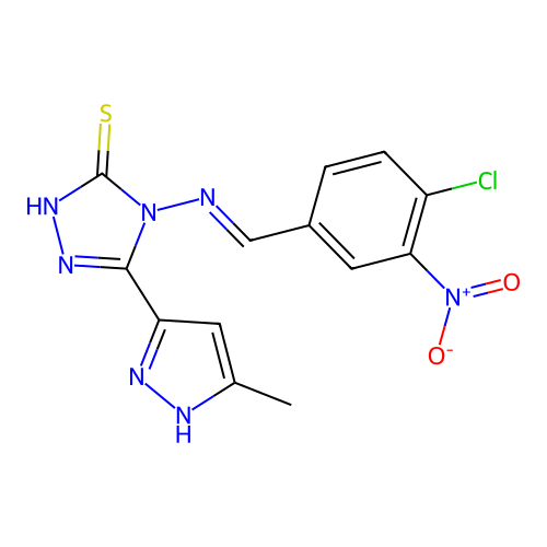 4-{[(E)-(4-chloro-3-nitrophenyl)methylidene]amino}-5-(5-methyl-1H-pyrazol-3-yl)-4H-1,2,4-triazole-3-thiol structure