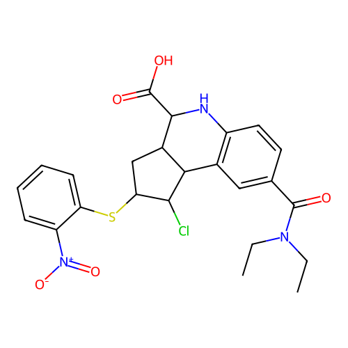 1-chloro-8-(diethylcarbamoyl)-2-(2-nitrophenyl)sulfanyl-2,3,3a,4,5,9b-hexahydro-1H-cyclopenta[c]quinoline-4-carboxylic acid structure